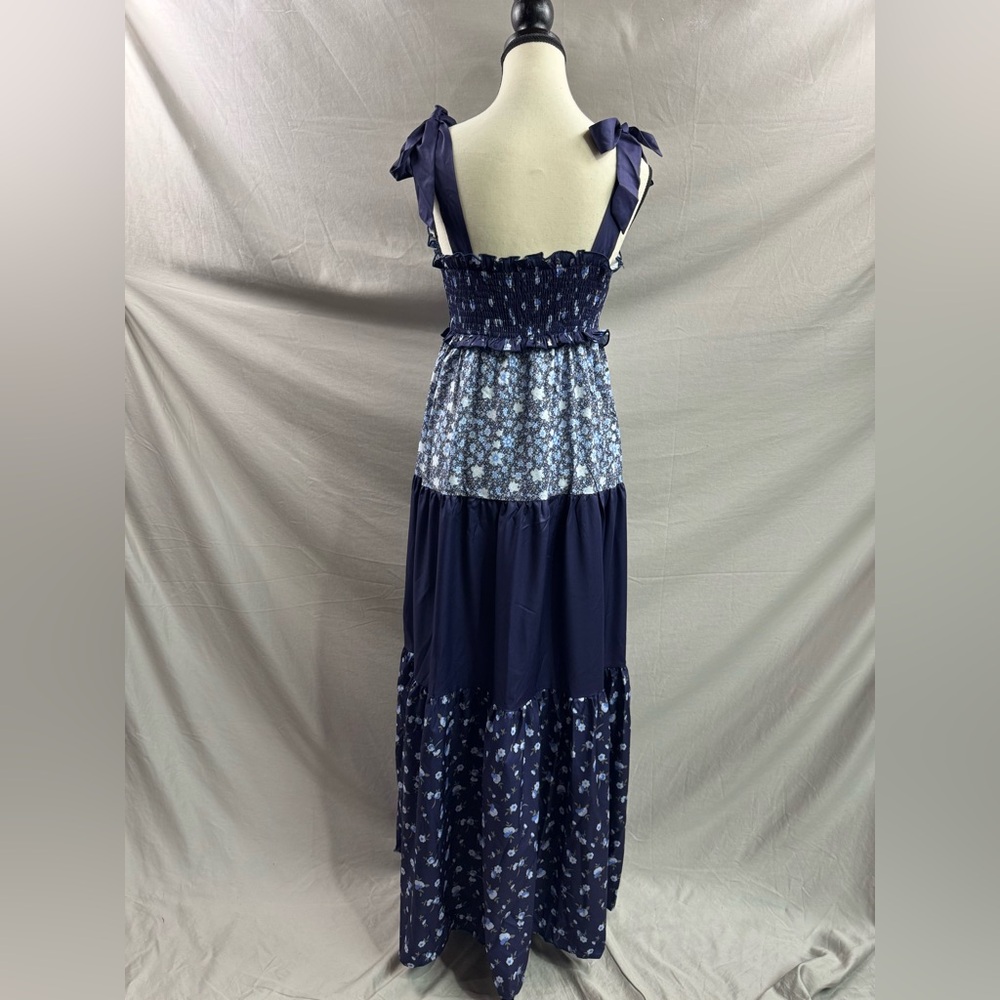 Boho Ditsy Floral Long Dress With Tie Waist, Ruffled Hem Blue - Picture 8 of 8